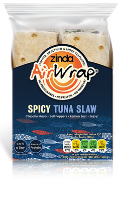 zinda tuna slaw food wrap with fresh ingredients in plastic free packaging